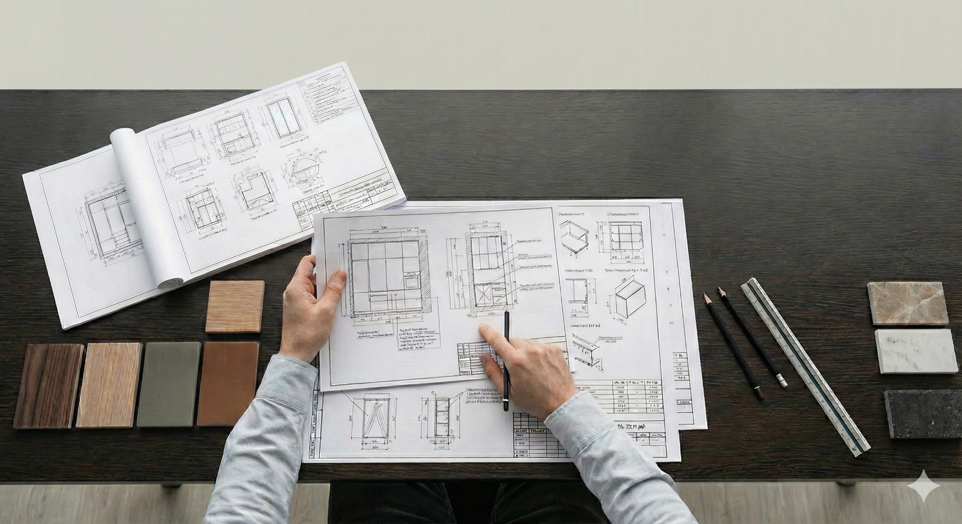 Процесс работы над проектом мебели — чертежи и образцы материалов